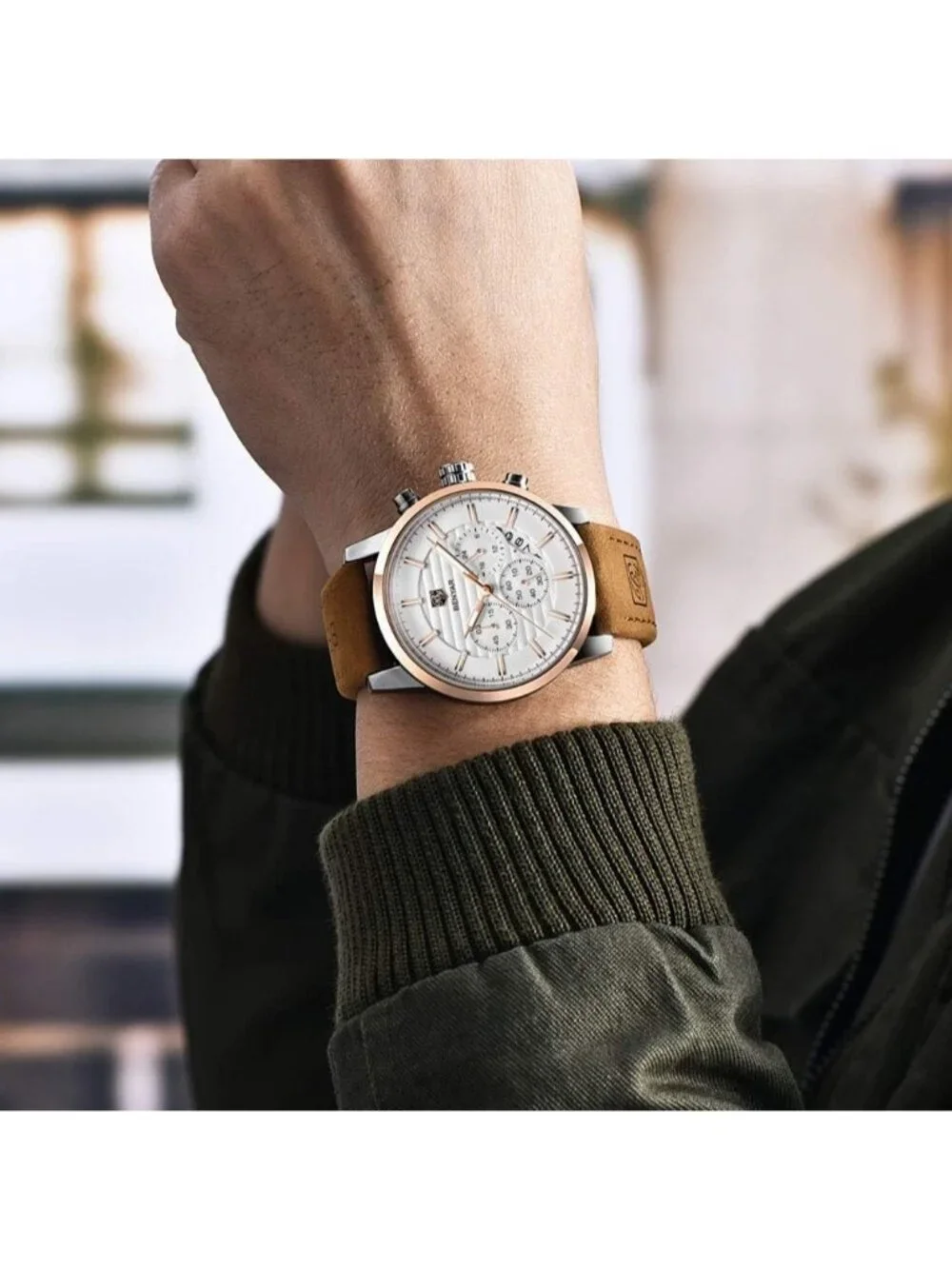 Men's Brown Gold White Analog Quartz Chronograph Waterproof Fashion Wrist Watch